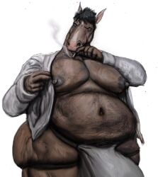 anthro ass belly big_belly big_butt big_muscles big_nipples big_pecs bojack_horseman bojack_horseman_(character) brown_body brown_fur bulge cigarette cigarette_in_mouth clothed clothing digital_media_(artwork) equid equine fur hair hohohonse horse huge_butt jockstrap looking_at_viewer male mammal muscles muscular muscular_male netflix nipples object_in_mouth overweight pecs simple_background smoking solo thick_thighs underwear