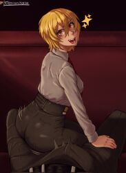 1boy 1girls ass ass_focus big_ass bulge_through_clothing bulge_under_clothes don_quixote_(limbus_company) limbus_company male_pov mobi_mobi short_hair teasing tight_clothing