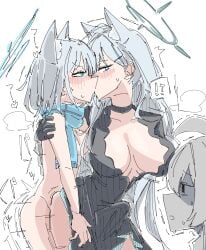 !? 3girls animal_ear_fluff animal_ears bagaponchi black_choker black_dress black_gloves blue_archive blue_halo blue_scarf blush breasts bulge choker clothed_sex cross_hair_ornament dress erection erection_under_clothes extra_ears futa_with_futa futanari gloves grey_hair hair_ornament halo highres hoshino_(blue_archive) kissing large_breasts long_hair looking_at_another medium_hair multiple_girls scarf selfcest shiroko_(blue_archive) shiroko_terror_(blue_archive) white_background wolf_ears