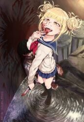 absurdres blood blood_on_clothes blood_on_face blood_on_hands blood_on_knife blood_on_tongue blood_on_weapon blood_splatter boku_no_hero_academia death guro highres holding holding_knife holding_weapon knife licking_blood my_hero_academia puddle school_uniform sharp_teeth teeth toga_himiko twitter_username water weapon zoru_pines