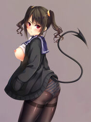 ass black_hair breasts demon_tail female grey_background hatachi large_breasts long_hair looking_at_viewer nipples original panties panties_under_pantyhose pantyhose red_eyes school_uniform serafuku simple_background solo striped striped_panties tail twintails underwear