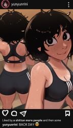 absurdres adidas ass back bike_shorts black_eyes black_hair black_shorts body_freckles breasts commentary english_commentary english_text fake_phone_screenshot fake_screenshot female freckles from_behind highres instagram looking_at_viewer messy_hair mirror mirror_selfie navel open_mouth original reaching reaching_towards_viewer reflection reflection_focus selfie shorts smile solo sports_bra sweat taking_picture tan tank_top tanlines veyonis yuna_(veyonis)