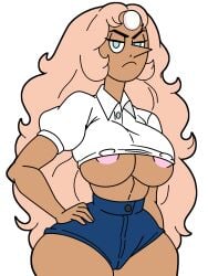 1girls areola_slip areolae barely_contained barely_contained_breasts big_ass big_breasts big_butt blackmorty_(artist) blonde_female blonde_hair blonde_hair booty_shorts button_down_shirt cameltoe cleavage connie_maheswaran dark-skinned_female erect_nipples fusion gem_(species) long_hair nipple_bulge nipples nipples_visible_through_clothing peach_hair pearl_(steven_universe) pearlie_(blackmorty) puffy_sleeves short_shorts shorts steven_universe tan-skinned_female tan_skin thick_thighs underboob