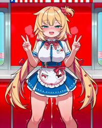 1girls after_sex ai_generated akai_haato blonde_hair blue_eyes blush cum cumdrip double_v hololive long_hair peace_sign red_skirt smile thighs twintails v virtual_youtuber waitress white_shirt