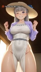 ai_generated belt blue_eyes blunt_bangs blush braid breasts brown_headwear collarbone covered_navel dress female frieren_beyond_journey's_end grey_beltlawine_(sousou_no_frieren) grey_hair grin hat indoors large_breasts long_hair long_sleeves looking_at_viewer meitabuu no_panties one_eye_closed pelvic_curtain smile solo sousou_no_frieren standing sun_hat teeth thighs white_dress window