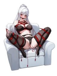 absurdres arms_behind_back ball_gag black_bra black_gloves black_panties black_thighhighs blush bondage bondage bondage bound bra breast_bondage breasts chair egg_vibrator elbow_gloves female gag gagged garter_belt garter_straps gloves highres kumachi_(aikawaakeya) large_breasts long_hair looking_at_viewer navel on_chair original panties ponytail red_eyes separated_legs sex_toy shibari_over_clothes sitting solo stomach thighhighs underwear very_long_hair vibrator white_background white_hair wiffle_gag