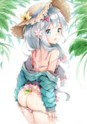 1girls ass back bare_ass between_buttocks bikini bikini_top_undone blue_eyes blush bottomwear_down bright_background butt_crack chintora0201 cute cute_ass cute_butt cute_face eromanga_sensei female female_only flower_in_hair hat high_resolution highres izumi_sagiri jacket leaf long_hair looking_at_viewer looking_back mole object_between_ass open_mouth shiny_skin silver_hair solo stick straw_hat sun_hat thighs tied_hair undressing untied_bikini young