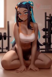 1girls 2d ai_generated ass barefeet big_ass big_breasts blue_hair breasts dark_skinned_female earrings erophoenix feet female female_focus full_body gym_leader hoop_earrings indoors jewelry looking_at_viewer looking_back nessa_(pokemon) nude patreon_username pokemon pokemon_ss smile soles solo solo_female sportswear sweat thick thick_thighs toes uncensored