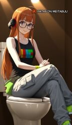 ahoge ai_generated bare_shoulders behind-the-head_headphones black-framed_eyewear black_shirt black_tank_top blunt_bangs breasts cargo_pants closed_mouth crossed_legs female glasses green_footwear grey_pants headphones indoors interlocked_fingers long_hair looking_at_viewer meitabuu orange_hair own_hands_together pants persona persona_5 pouch purple_eyes round_eyewear sakura_futaba shirt shoes sitting sleeveless small_breasts smile sneakers solo straight_hair tank_top toilet toilet_use