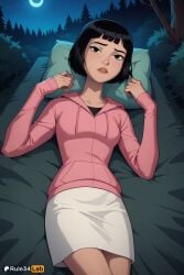 1girls ai_generated artist_name bed ben_10 black_hair blunt_bangs bob_cut breasts brown_eyes cartoon_network collarbone cowboy_shot crescent_moon foliage forest hi_res hood hood_down hoodie julie_yamamoto lips long_sleeves looking_at_viewer lying moon nature night night_sky on_back on_bed outdoors parted_lips pillow pink_hoodie rule34lab short_hair skirt sky small_breasts solo star_(sky) starry_sky teeth tree white_skirt younger_female