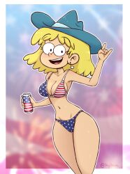 1girls 4th_of_july american_flag american_flag_bikini bikini blonde_hair breasts earrings female female_only hat heyloodsdraws light-skinned_female light_skin lori_loud nickelodeon panties smile soda_can teenage_girl the_loud_house