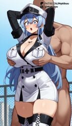 1boy ai_generated akame_ga_kill! arms_behind_head arms_up bald black_choker blue_eyes blue_hair blue_sky blush boots breasts chain-link_fence chest_tattoo choker cleavage clothed_female_nude_male collarbone dark-skinned_male dress esdeath esdeath_(akame_ga_kill!) female fence grabbing grabbing_another's_breast grabbing_from_behind hair_between_eyes hat large_breasts long_hair long_sleeves male military military_hat military_uniform mykibuu nude open_mouth outdoors peaked_cap short_dress sky standing straight tattoo thigh_boots thighhighs thighs uniform white_dress white_footwear white_headwear white_thighhighs wide-eyed