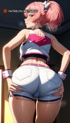 ai_generated ass ass_focus ass_grab ass_support back bare_shoulders belt black_choker blush bow breasts cameltoe choker closed_mouth crop_top female from_behind grabbing_own_ass hairbow hands_on_own_ass idolmaster idolmaster_cinderella_girls indoors jougasaki_mika long_hair looking_at_viewer looking_back medium_breasts meitabuu midriff pink_belt pink_hair pocket ponytail profile shirt short_shorts shorts sidelocks sleeveless smile solo spread_ass standing steaming_body sweat tank_top thighs underbutt white_shorts wrist_cuffs wristband yellow_eyes