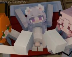 1boy 3d 3girls alex_(minecraft) animal_ears animated blender blender_(software) blush cat_(xian_yuuwu) clothed clothed_sex disembodied_penis embrace green_eyes holding_legs horny_female looking_at_viewer minecraft missionary_position on_back on_bed orange_hair pink_(xian_yuuwu) pink_eyes pink_hair pov purple_eyes sex sound spread_legs stomach_bulge tagme vaginal_penetration video wet_pussy xian_yuuwu