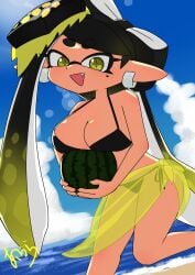 1girls aiura_chan beach bikini black_bikini breasts callie_(alterna) callie_(splatoon) cleavage clothing earrings female inkling inkling_girl large_breasts long_hair looking_at_viewer mole mole_under_eye nintendo open_mouth pointy_ears sand side-tie_bikini solo solo_female solo_focus splatoon splatoon_3 splatoon_3:_return_of_the_mammalians tentacle_hair two_tone_hair water yellow_eyes