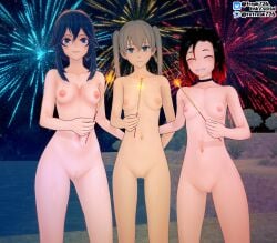 3girls 4th_of_july arm_around_waist arm_behind_back ass_visible_through_thighs bare_arms bare_shoulders bare_thighs black_choker black_hair blue_eyes blue_hair brand_of_the_exalt choker collarbone completely_nude crossover eastern_and_western_character fefreak726 female female_only fire_emblem fire_emblem_awakening fireworks gradient_hair green_eyes grey_hair grin hair_between_eyes holding holding_fireworks long_hair looking_at_viewer lucina_(fire_emblem) maka_albarn medium_breasts multicolored_hair multiple_girls naked_choker navel night nintendo nipples nude nude_female outdoors pussy red_hair ruby_rose rwby short_hair shoulders small_breasts smile soul_eater sparkler standing stomach symbol-shaped_pupils thighs tiara tree twintails uncensored water
