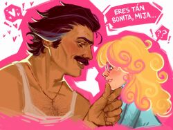2024 alternate_universe black_hair black_hair_male blonde_hair blonde_hair_female blue_eyes blush brown_skin brown_skinned_male chest_hair clothed cross_necklace dialogue drybomes exclamation_point female femsub freckles freckles_on_face glasses greying_hair gwen_stacy gwen_stacy_(spider-verse) hand_on_chin heart_symbol larger_male latino latino_male light-skinned_female light_skin male maledom marvel mexican_male miguel_o'hara moustache nerd nerdy_female nervous no_sex older_male older_male_and_younger_female pink_frame_glasses pink_hair pink_highlights question_mark red_eyes size_difference smile spanish spanish_dialogue spanish_text spider-gwen spider-gwen_(spider-verse) spider-man:_across_the_spider-verse spider-man_2099 superhero superheroine sweat sweatdrop text two_tone_hair younger_female