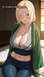 ;) ai_generated blonde_hair blue_pants blush boruto:naruto_next_generations breasts brown_eyes cleavage closed_mouth collarbone crop_top cropped_shirt denim facial_mark female forehead forehead_mark green_jacket grey_kimono haori happi indoors jacket japanese_clothes jeans kimono large_breasts lips long_hair long_sleeves looking_at_viewer low_twintails makeup mature_female meitabuu midriff nail_polish naruto naruto(series) naruto_(series) navel one_eye_closed pants patreon_username red_lips red_nails sash sitting smile solo stomach sweat sweaty_clothes tsunade tsunade_(naruto) twintails wet wide_sleeves