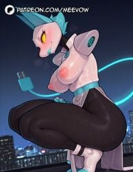 1girls ai_generated amputee animal_ears blue_lips blush breasts cable cable_tail colored_skin deltarune dress electric_plug female furry furry_female large_breasts lipstick looking_at_viewer makeup mechanical_tail meevow night nipples outdoors patreon_logo patreon_username see-through smile solo squatting tail tasque_manager_(deltarune) thighs tiptoes web_address wet yellow_eyes
