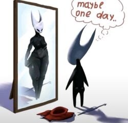 1girls accurate_body_type ass big_ass big_breasts big_butt big_thighs body_dysmorphia breasts casual dark_skin female funny hollow_knight hollow_knight:_silksong hornet_(hollow_knight) looking_in_mirror meme mirror nonsexual nonsexual_nudity outerwear reflection sketch tagme thighs weapon