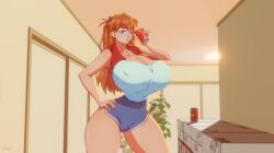 blue_eyes breasts can cellphone cleavage covered_nipples female huge_breasts long_hair orange_hair phone solo souryuu_asuka_langley thighs underwear