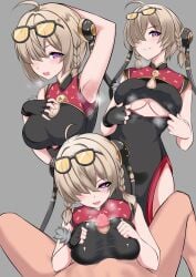 1boy armpits black-framed_eyewear blonde_hair breasts bun_cover catstudioinc_(punepuni) china_dress chinese_clothes cleavage cleavage_cutout closed_mouth clothing_cutout cum cum_on_body cum_on_breasts cum_on_clothes double_bun dress eyewear_on_head facing_viewer female fur_trim hair_bun highres looking_at_viewer mask medium_breasts medium_hair open_mouth paizuri penis purple_eyes smile standing sunglasses sweat sweety_(zenless_zone_zero) thighs underboob underboob_cutout zenless_zone_zero