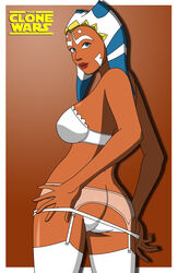 1girls ahsoka_tano alien ass blue_eyes bra brown_background clothed clothing female female_focus female_only garter_belt garter_straps hi_res humanoid inside lingerie looking_at_viewer looking_back medium_ass panties partially_clothed pervyangel pinup pose rear_view smile solo solo_female standing star_wars stockings text thighhighs togruta white_background