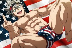 1boy 4th_of_july abs ai_generated american_flag asta_(black_clover) bara black_clover bulge fourth_of_july green_eyes grey_hair large_pectorals looking_at_viewer luxeraora10 male male_focus male_pubic_hair male_underwear middle_finger muscular muscular_male navel nipples open_mouth pectorals pubic_hair smile solo star, thighs underwear yaoi