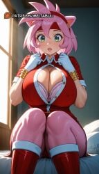 ai_generated alternate_breast_size amy_rose animal_ears bed blush boots bow_bra bra bracelet breasts breasts_squeezed_together bursting_breasts cartoon_network cleavage female gloves green_eyes hair_between_eyes hairband headband huge_breasts humanization indoors jewelry large_breasts looking_at_viewer meitabuu on_bed panties pantyhose parted_lips partially_unbuttoned pillow pink_bra pink_hair red_dress red_footwear red_hairband red_headband sega short_hair short_sleeves sitting solo sonic_(series) sonic_boom sonic_the_hedgehog_(series) sunlight sweat thighs underwear white_gloves window