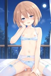 1boy 1girls ai_generated bedroom bedroom_eyes blanc blush bra bra_and_panties breasts breasts_out brown_hair cowgirl_position garter_belt gentle_smile half-closed_eyes hand_on_face hand_on_own_face in_bed indigo_eyes legs_spread light_blue_bra light_blue_panties moon naked naked_male neptunia_(series) night nipples nude nude_male panties penis_in_pussy pov sex short_hair small_breasts smile stockings vaginal_penetration