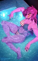 1girls 4th_of_july american_flag_bikini beer belly belly_button big_breasts bikini breasts deltarune dinosaur_girl feet female_only johnfoxart long_hair pool purple_body purple_hair smile smiling smiling_at_viewer solo solo_female susie_(deltarune) tail thighs undertale_(series) water watermark