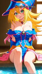 :p ai_generated bare_shoulders blonde_hair blue_dress blue_headwear blush blush_stickers breasts choker cleavage closed_mouth collarbone dark_magician_girl dress duel_monster feet_out_of_frame female green_eyes hair_between_eyes hat jewelry large_breasts long_hair looking_at_viewer meitabuu neck_ring off_shoulder pentacle pentagram shonen_jump sitting smile soaking_feet solo thighs tongue tongue_out water wet wet_clothes wizard_hat yu-gi-oh! yu-gi-oh!_duel_monsters