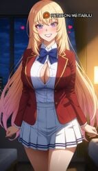 ai_generated blazer blonde_hair blue_bow blue_bowtie blurry blush bow bowtie breasts button_gap classroom_of_the_elite cleavage collared_shirt cowboy_shot dress_shirt female grin hair_between_eyes heart ichinose ichinose_honami_(cote) indoors jacket lamp large_breasts long_hair long_sleeves looking_at_viewer meitabuu miniskirt mole mole_on_breast night open_clothes open_jacket partially_unbuttoned pleated_skirt purple_eyes red_jacket school_uniform shirt shirt_tucked_in sidelocks skirt smile solo standing teeth thighs very_long_hair white_shirt white_skirt window