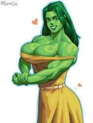 1girls bare_shoulders big_breasts busty cleavage dress flexing green_eyes green_hair green_skin heart hulk_(series) marvel marvel_comics muscular muscular_female signalicy white_background yellow_dress