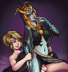 1boy 1girls arm_grab blonde_hair blue_eyes clothed_female_nude_male earrings finger_on_lip functionally_nude jewelry kreschun link link_(twilight_princess) midna nintendo red_eyes red_hair reverse_cowgirl_position tattoos the_legend_of_zelda twili_midna twilight_princess vaginal_penetration