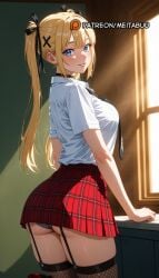 ai_generated ass black_choker black_garter_straps black_necktie black_panties black_ribbon black_thighhighs blonde_hair blue_eyes blush breasts choker collared_shirt dead_or_alive dead_or_alive_5 dead_or_alive_5_last_round dead_or_alive_6 female fishnet_thighhighs fishnets from_behind garter_straps hair_ornament hair_ribbon indoors large_breasts long_hair looking_at_viewer looking_back marie_rose meitabuu miniskirt necktie panties panty_peek pantyshot parted_lips plaid plaid_skirt pleated_skirt red_skirt ribbon school_uniform shirt shirt_tucked_in short_sleeves skirt smile solo standing sunlight tented_shirt thighhighs thighs twintails underbutt underwear white_panties white_shirt window x_hair_ornament