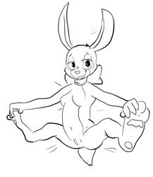 adfowl anthro ass big_ears black_and_white bow breasts cadbury cadbury_bunny feet female hindpaw lagomorph mammal monochrome navel nude paws presenting pussy rabbit smile solo spread_legs spreading