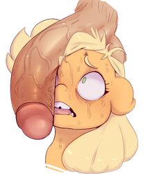 2017 applejack_(mlp) big_penis blonde_hair duo earth_pony equine female feral friendship_is_magic girl_horse green_eyes hair horse huge_cock human humanoid_penis interspecies long_hair looking_at_penis male mammal my_little_pony penis penis_on_head pony simple_background solo_focus straight straight_hair sunnysundown sweat vein white_background wide_eyed