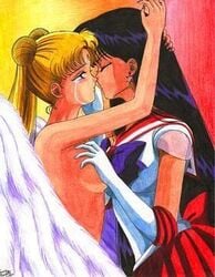 2girls angel_wings artist_request bishoujo_senshi_sailor_moon black_hair breasts clothes color female female_only gloves hair human long_hair multiple_girls princess_serenity rei_hino sailor_mars side_view tagme tears usagi_tsukino yuri