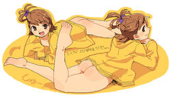 ami_futami ass barefoot bottomless brown_eyes brown_hair clothing feet futami_ami futami_mami idolmaster mami_futami no_panties oekaki shue siblings sisters translation_request twins