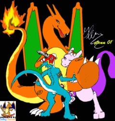 2001 2boys animated black_background charizard crossover digimon flamedramon glenn mewtwo nintendo pokemon pokemon_(species) surfing_charizard