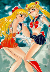 1990s 1993 20th_century 2girls amagi_kei bishoujo_senshi_sailor_moon blonde_hair blue_eyes choker double_bun earrings female female_only gloves human long_hair minako_aino multiple_girls sailor_moon sailor_venus school_uniform signature straight_hair tagme uniform usagi_tsukino year yuri