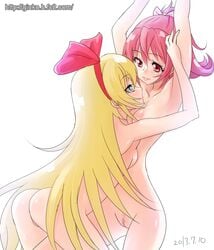 2girls aida_mana arms_up blonde_hair blue_eyes bow censored couple dated dokidoki!_precure eye_contact female ginko_(silver_fox) hairband half_updo hug long_hair looking_at_another multiple_girls nude pink_eyes pink_hair precure pretty_cure pussy red_ribbon regina_(dokidoki!_precure) ribbon short_hair simple_background small_breasts smile watermark web_address white_background yuri