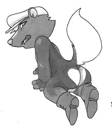 1boy all_fours animal_crossing anthro ass backsack balls black_and_white boots embarrassed glitter_trap_boy hat kicks_(animal_crossing) looking_at_viewer looking_back male male_only mammal marker_(artwork) monochrome nintendo nude open_mouth raised_tail skunk solo traditional_media_(artwork) video_games