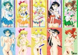 90s accurate_art_style ami_mizuno bishoujo_senshi_sailor_moon black_hair bow breasts clothes clothing color edit female female_only hair human itou_ikuko long_hair makoto_kino minako_aino multiple_girls nipples nude nude_filter official_art pose pubic_hair rei_hino sailor_jupiter sailor_mars sailor_mercury sailor_moon sailor_venus skirt small_breasts usagi_tsukino