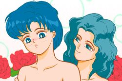 2girls ami_mizuno artist_request bishoujo_senshi_sailor_moon blue_eyess blue_hair female female_only flower long_hair michiru_kaiou multiple_girls short_hair smile