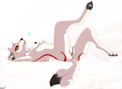 amaterasu anthro anthrofied breasts canine deity female fur furry hindpaw issun looking_at_viewer nude okami paws pinup plain_background poncle pussy video_games white_background wolf xin-wei