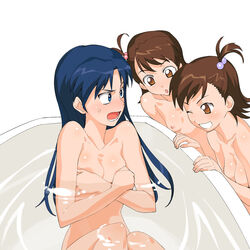 a1 ami_futami angry bath blue_eyes blue_hair breast_hold breasts brown_eyes brown_hair chihaya_kisaragi color covering covering_breasts enf female female_only flat_chest futami_ami futami_mami idolmaster kisaragi_chihaya long_hair mami_futami nipples no_bra nude nude_cover short_hair siblings simple_background twins white_background wink