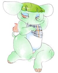 2013 animal_crossing anthro belly big_ears bottomless clothed clothing elephant female green_hair hair half-dressed hooves mammal muura nintendo opal_(animal_crossing) overweight plaid pussy shirt solo trunk video_games