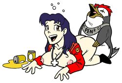 1girls alcohol breasts clothing doggy_style drunk female john_postma large_breasts misato_katsuragi neon_genesis_evangelion nipples open_clothes pen_pen penguin size_difference small_dom_big_sub smaller_male tagme white_background zoophilia